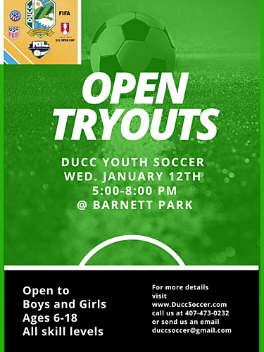 Ducc Soccer Youth Tryouts poster