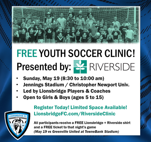 Riverside/Lionsbridge FREE Youth Soccer Clinic poster