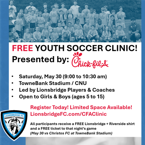 Chick-fil-A/Lionsbridge FREE Youth Soccer Clinic (2026) poster