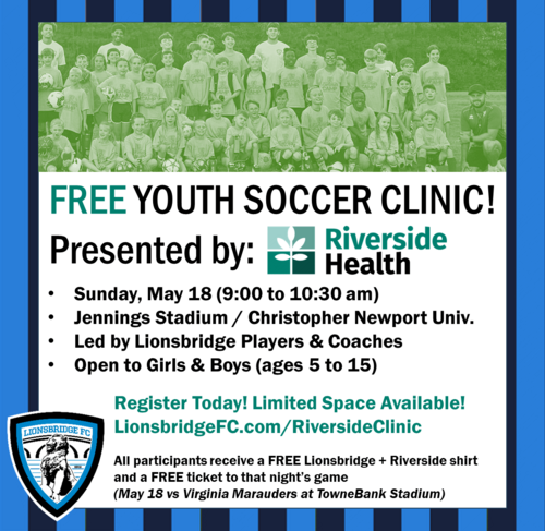 Riverside/Lionsbridge FREE Youth Soccer Clinic poster
