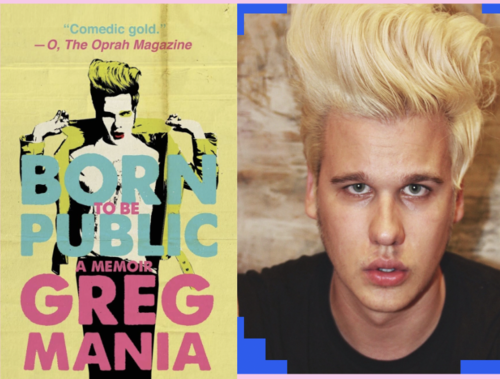 Greg Mania with his memoir Born to be Public  poster